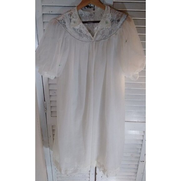 Miss Siren Sheer Peignoir Robe Chiffon White Floral Embroidery‎ Medium Vtge Set - Picture 1 of 5